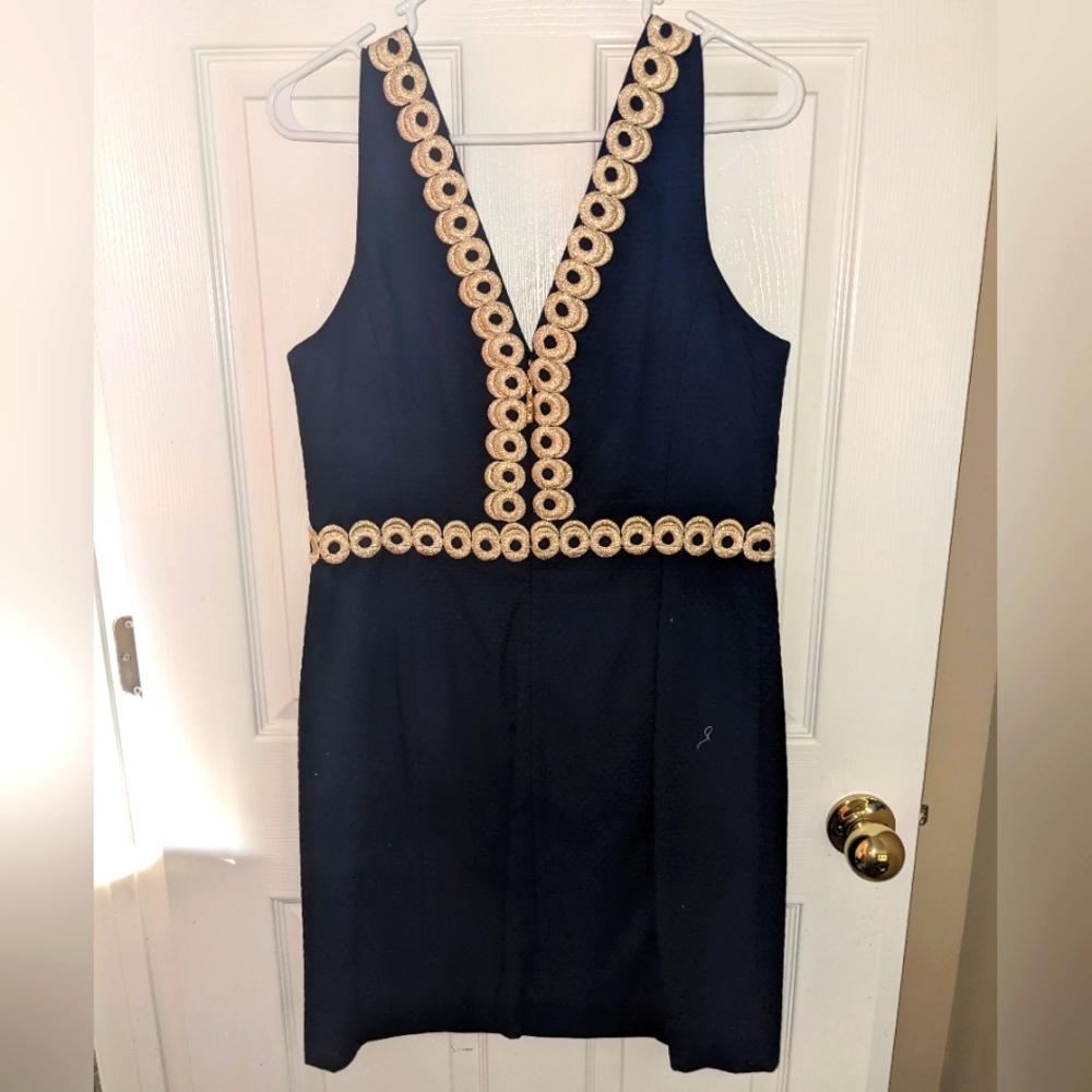 Lilly Pulitzer True Navy Esme Shift Dress w/ Gold Embroidered Trim (Size 10)